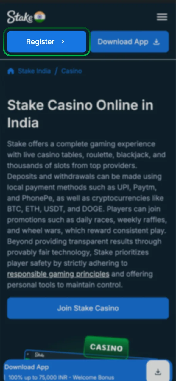 Click the registration button on Stake to create your account.