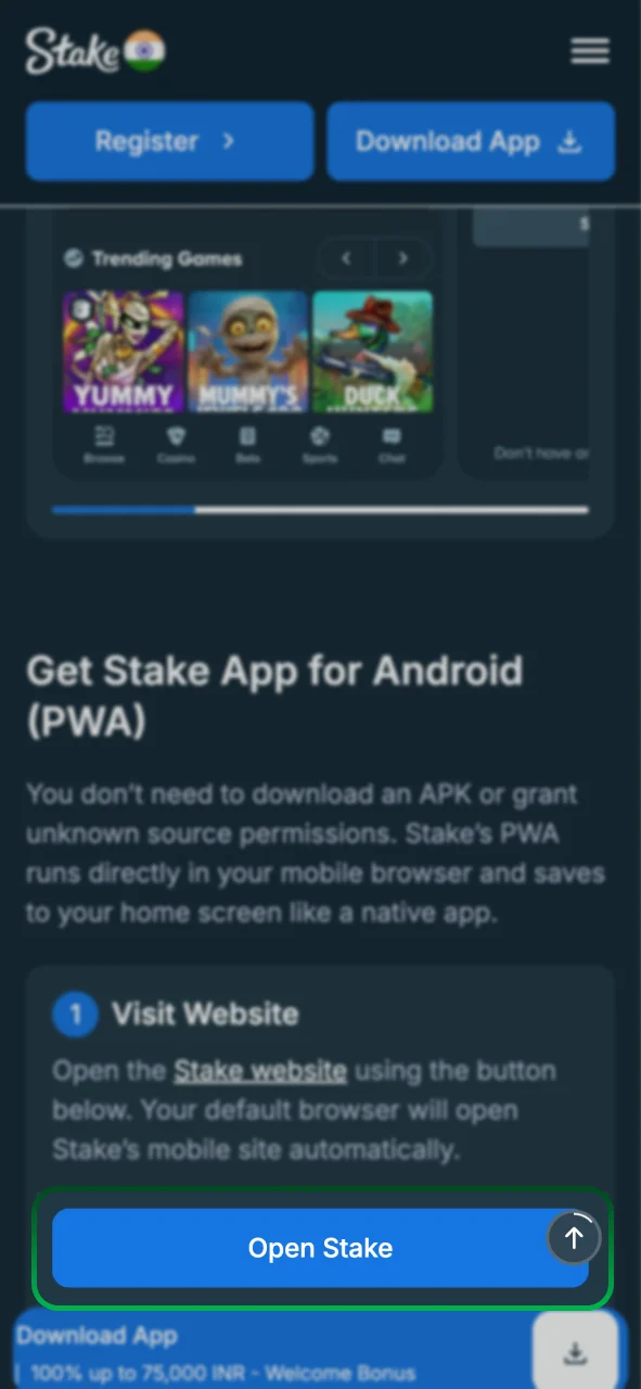Open the Stake official site in your browser to join.