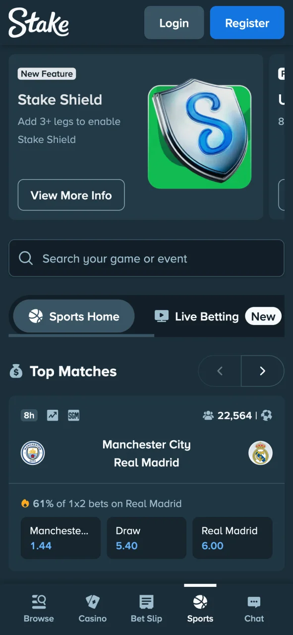Bet on your favorite sports via the Stake mobile app.