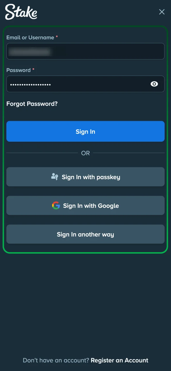 Log in to your Stake account to access the dashboard.