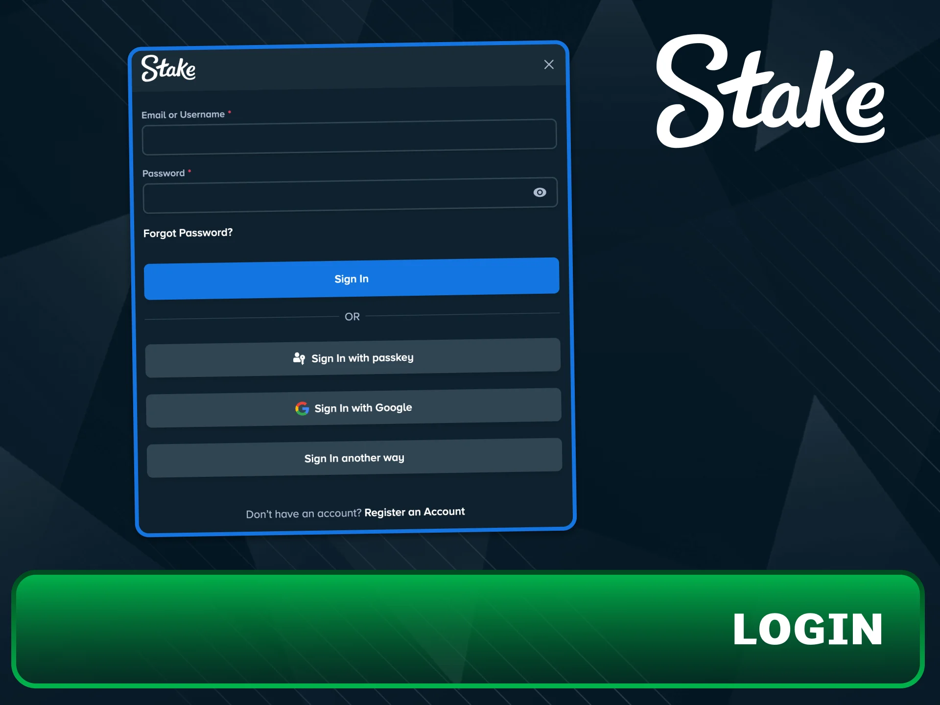 Press the Stake login button to open the sign in form.