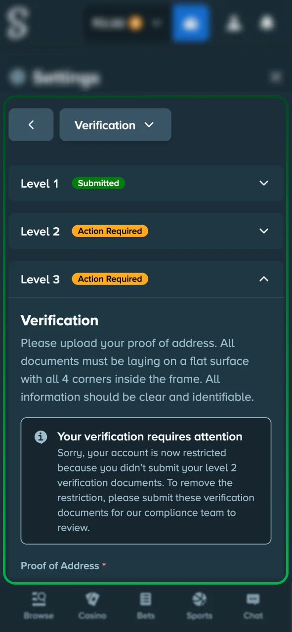 Complete Stake address verification in settings.